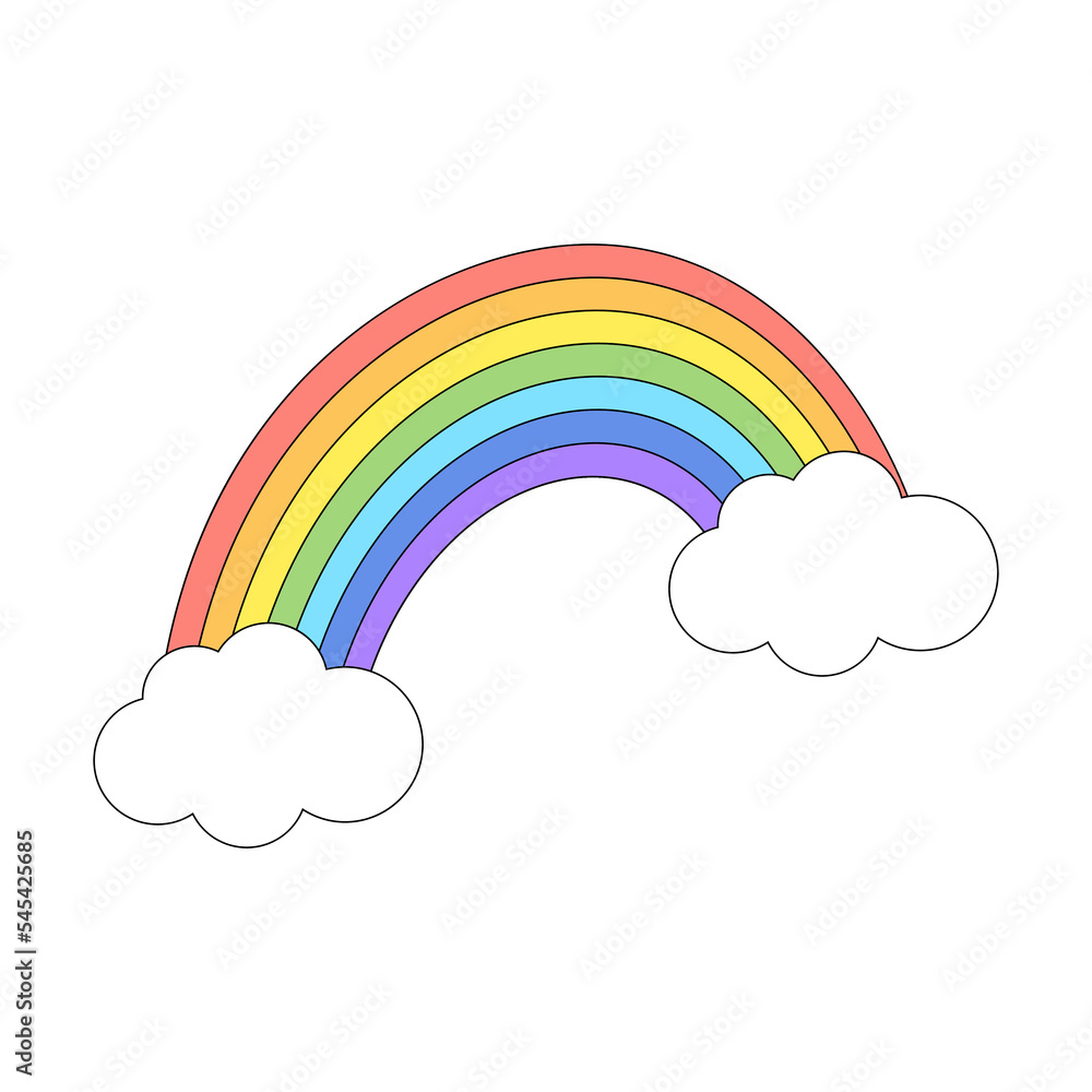 Colorful rainbow in curved shape and clouds with black outline. Design for stickers, cards, posters, t-shirts, invitations, baby shower, birthday, room decor.