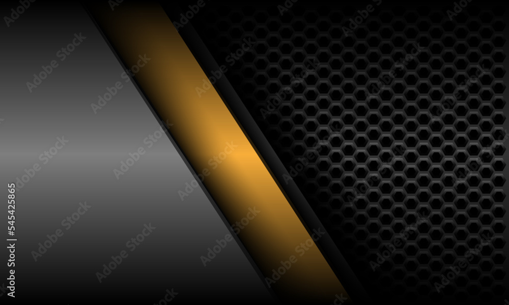 Abstract yellow line slash geometric with grey metallic hexagon mesh design modern futuristic background vector