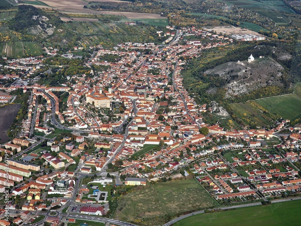Mikulov. Aerial View of Old Town Castle and Powder Tower in Mikulov, Czech Republic, Europe.