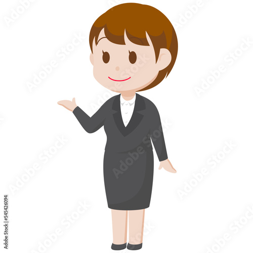 シンプルな主線なしのイラスト / 案内や説明をするスーツの女性