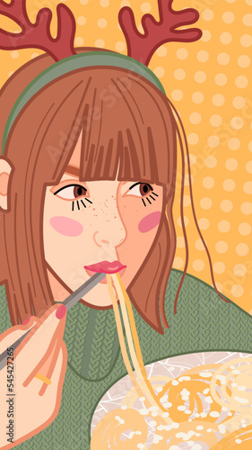 Portrait of a girl in Christmas reindeer horns who eats spaghetti with chopsticks