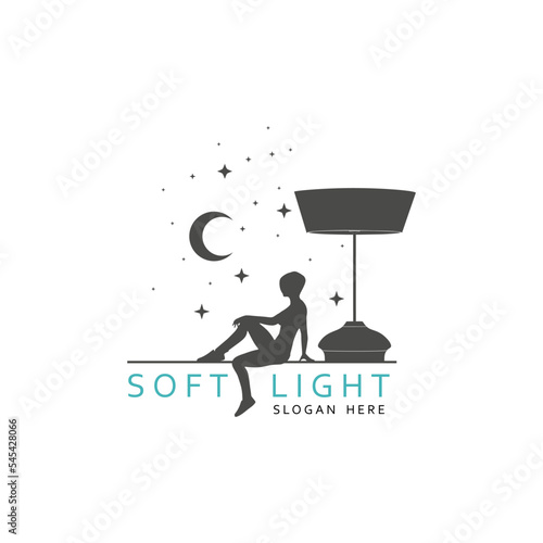 Floor lamp logo. Template of electric torchere for interior design, energy furniture business branding. Home equipment in modern style. Young woman relaxing near torchere. Crescent moon and stars