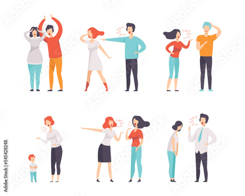 People Characters Quarrelling, Shouting and Arguing Making Scandal Vector Set