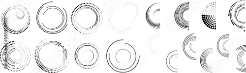 Design elements with circular halftone dots. Vector rotating dotted circles design . Half tones collection . Concentric circles for posters, social media, promotion,  flyer, covers .Dotted frames