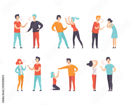 People Characters Quarrelling, Shouting and Arguing Making Scandal Vector Set