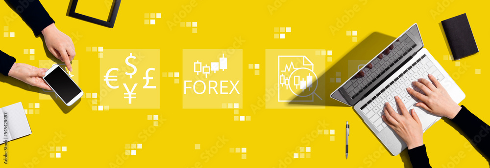Forex trading concept with two people working together - obrazy, fototapety, plakaty 