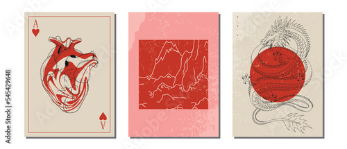 Set of vertical abstract posters in retro asian style for your poster, flyer or banner