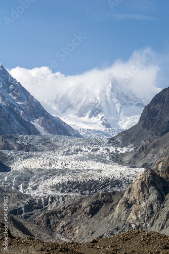 Autumn view of Passu Glacier in the Gilgit Baltistan region of northern Pakistan. Passu Glacier is situated in the south side of Passu village. Passu Peak is situated in the back side of the glacier. 