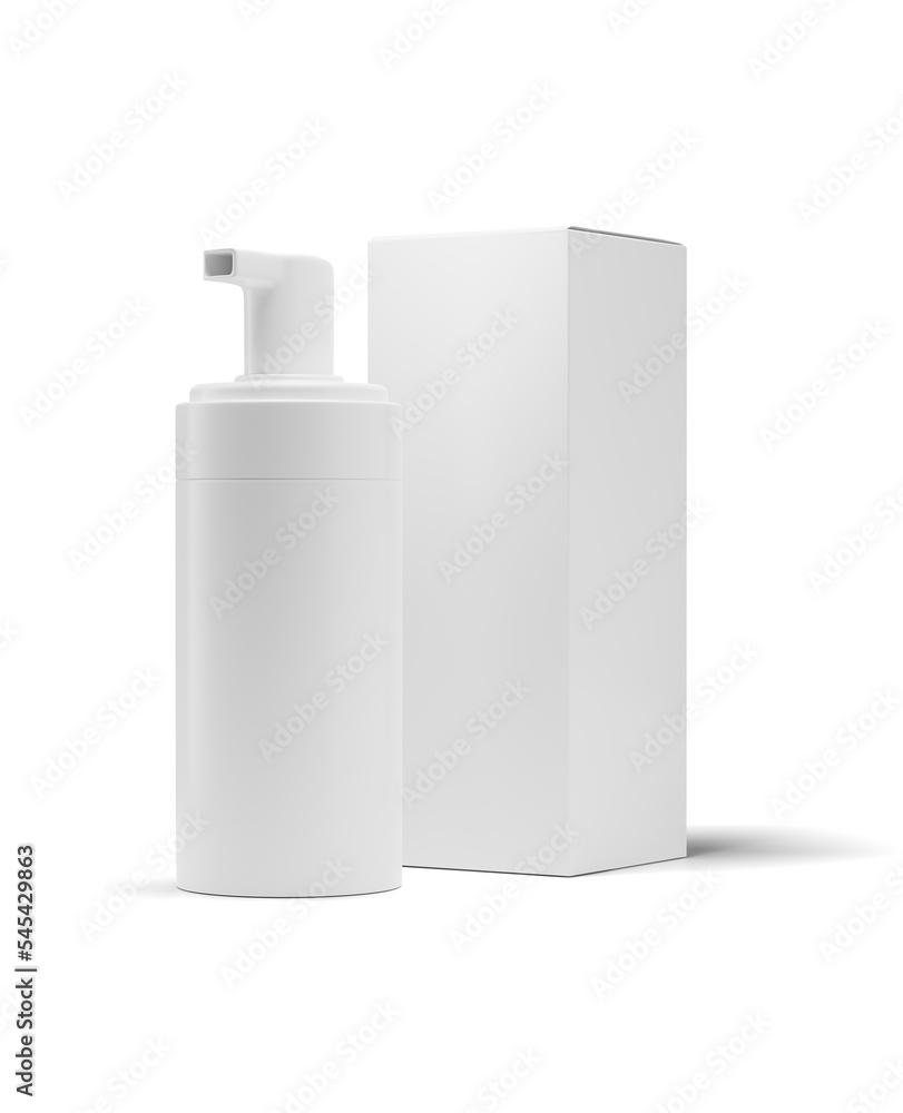 White bottle with box on white background. Mock up with no label. 3d rendered illustration. White bottle with box on white background. Mock up with no label. 3d rendered illustration.