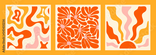 Hippie fun gift card squared template set. Retro flower power background. Vintage 1970s floral squared poster. 1960s nostalgic groovy vector illustration.