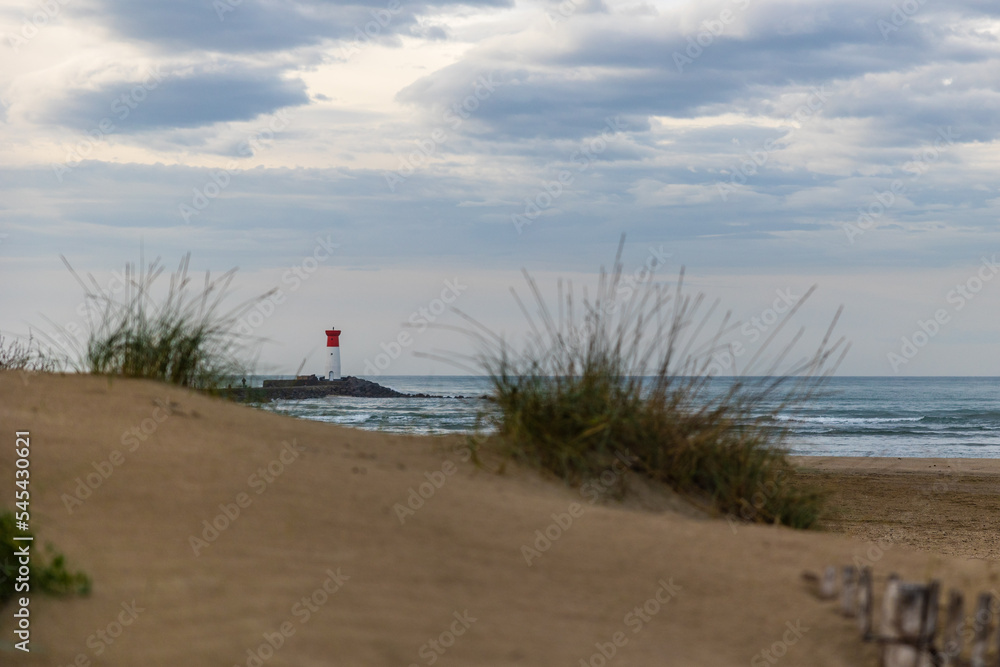 Embouchure du fleuve Hérault sur la Méditerranée au niveau de la Plage de la Tamarissière