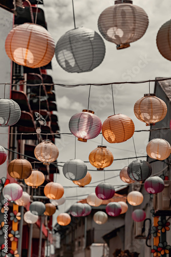 Colorful Chinese lanterns on the street of George Town, Penang. Preparation for Chinese New Year