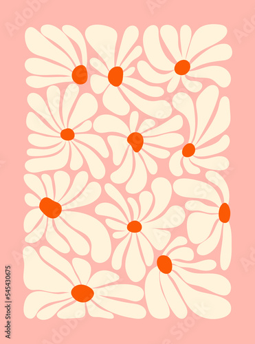 Hippie fun background. 1960s nostalgic groovy vector illustration. Retro flower power gift card template. Vintage 1970s floral poster.