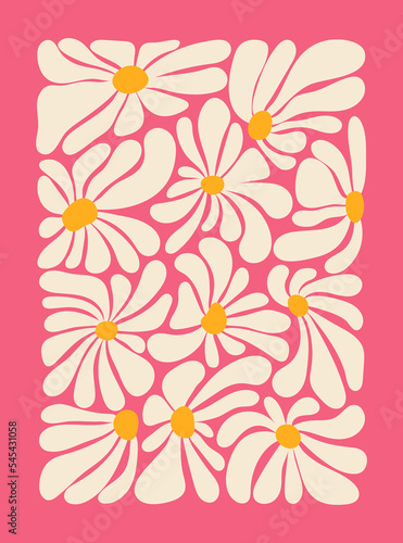 Hippie fun background. 1960s nostalgic groovy vector illustration. Retro flower power gift card template. Vintage 1970s floral poster.