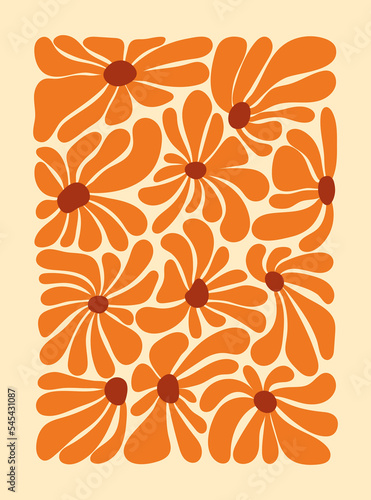 Hippie fun background. 1960s nostalgic groovy vector illustration. Retro flower power gift card template. Vintage 1970s floral poster.