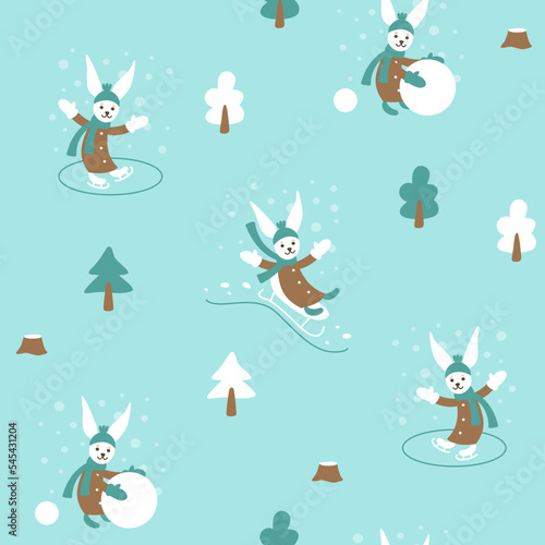 Rabbits and winter walk. Cute rabbits are skating, sledding and making a snowman surrounded by forest and snowfall. Seamless vector pattern on a blue background.