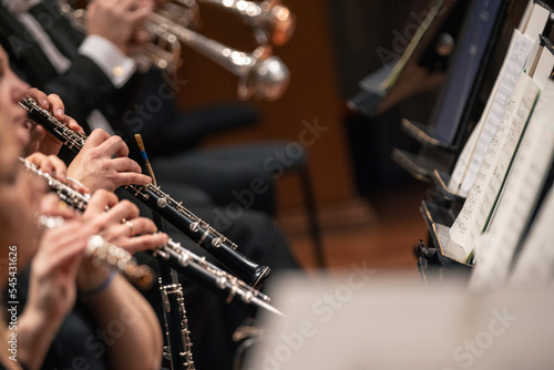 A side shot of a woodwind section during a symphony orchestra concert