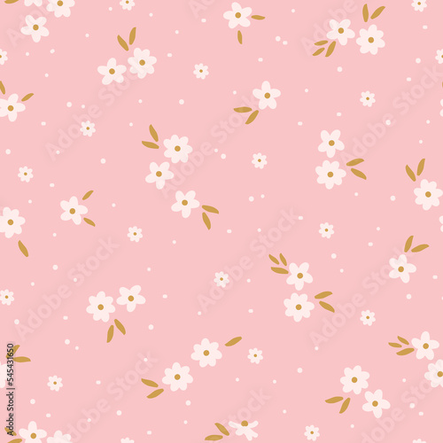 Cute floral pattern. Seamless vector texture. An elegant template for fashionable prints. Print with white flowers and dots, gold leaves. pink background.