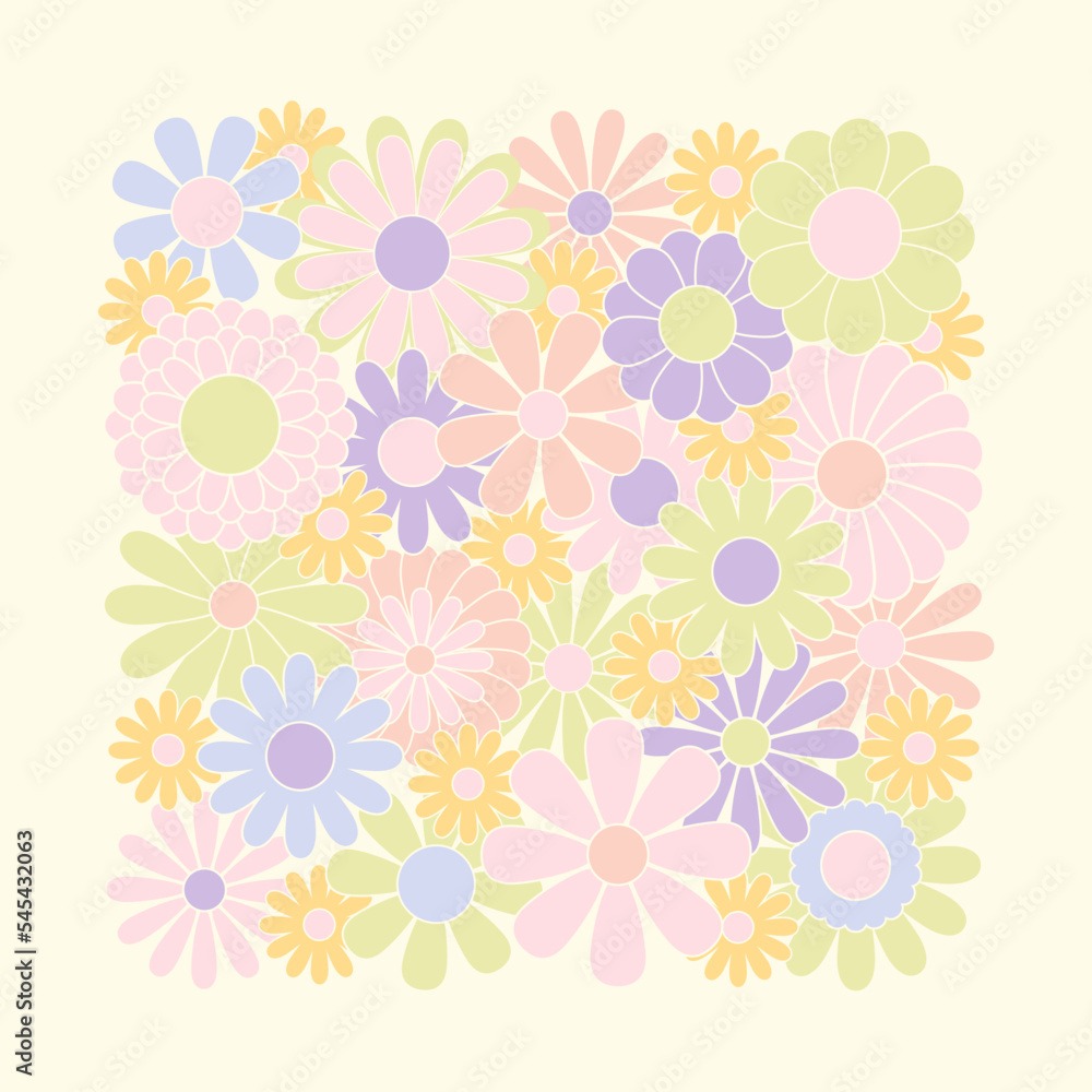 Hippie fun background. Retro flower power squared gift card template. Vintage 1970s floral poster. 1960s nostalgic groovy flat vector illustration.