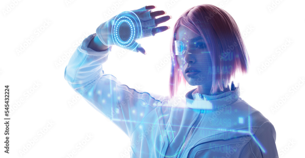 Woman in futuristic costume. Female in modern VR glasses interacting with network while having virtual reality experience. Augmented reality game, future technology, AI concept. VR. Neon blue light. Woman in futuristic costume. Female in modern VR glasses interacting with network while having virtual reality experience. Augmented reality game, future technology, AI concept. VR. Neon blue light.