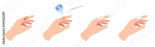 First aid treatment for wound on finger process isolated on white background. Concept of skin wound, bleeding cut on the hand, accident, treatment procedure. vector illustration .