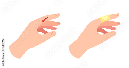 Bleeding wound on finger hand and band-aid cure hand isolated on white background. Concept of first aid, medicine, treatment, plaster, bandage. Flat vector illustration.