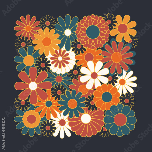 Hippie fun background. Retro flower power squared gift card template. Vintage 1970s floral poster. 1960s nostalgic groovy flat vector illustration.