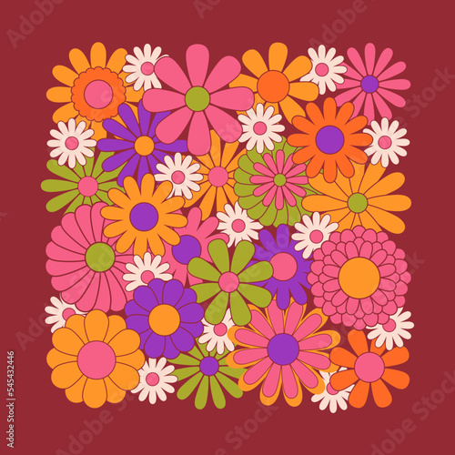 Hippie fun background. Retro flower power squared gift card template. Vintage 1970s floral poster. 1960s nostalgic groovy flat vector illustration.