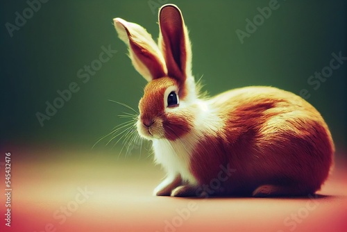 3D digital render of an adorable fluffy brown white bunny on a green background