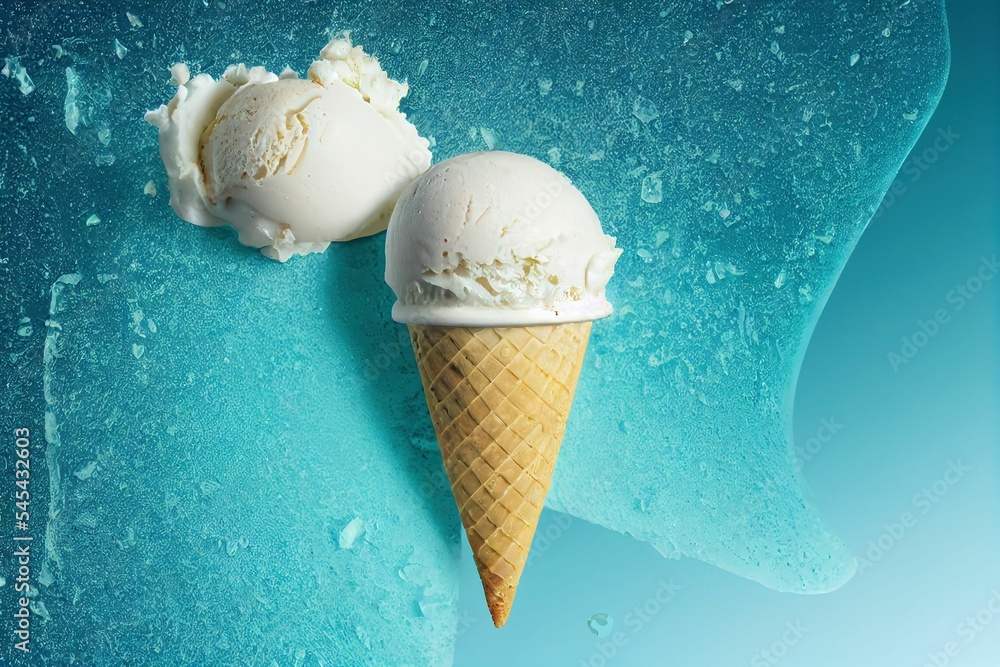 Digital 3D render of a vanilla ice cream cone on a frozen blue ...