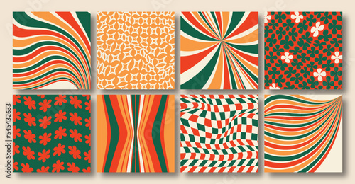 Print op canvas Vector set of Groovy and hippie Christmas social media backgrounds