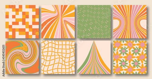 Vector set of Groovy hippie 70s social media backgrounds. Checkerboard, chessboard, mesh, waves patterns. Twisted and distorted vector texture in trendy retro psychedelic style. Y2k aesthetic.