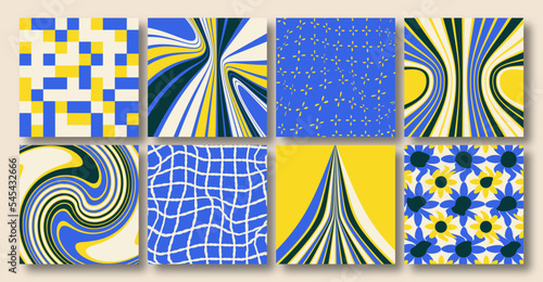 Vector set of Groovy hippie 70s social media backgrounds. Checkerboard, chessboard, mesh, waves patterns. Twisted and distorted vector texture in trendy retro psychedelic style. Y2k aesthetic.