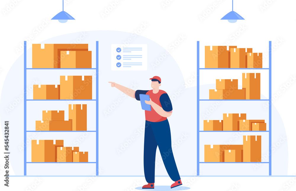 Warehouse workers check the inventory levels of items on the shelves