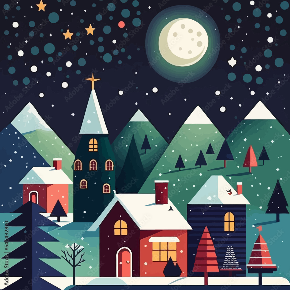 Fototapeta premium Vector illustration of a small village in the mountains at Christmas