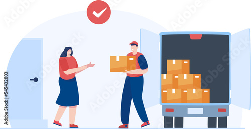 Door to door service. Delivery truck service. Delivery man giving parcel to customer. Vector Illustration