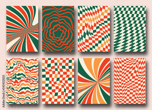 Vector set of Groovy hippie 70s Christmas backgrounds. Checkerboard, chessboard, mesh, waves patterns. Twisted and distorted vector texture in trendy retro psychedelic style. Y2k aesthetic.