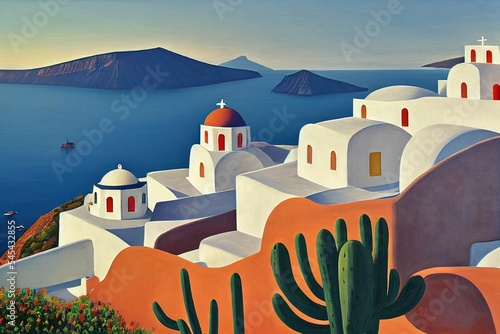 Digital illustration of a Santorini postcard design with buildings and the sea