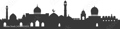 Muslim monochrome cityscape silhouette horizontal minimalist background vector flat illustration