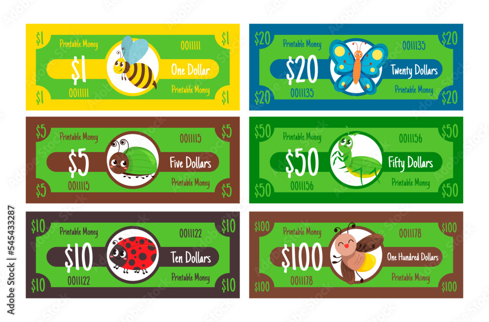 Printable cash money dollar with childish insect character currency banknote set vector flat