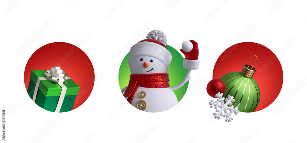 Fototapeta premium 3d render, set of assorted round Christmas labels, festive clip art isolated on white background. Holiday stickers