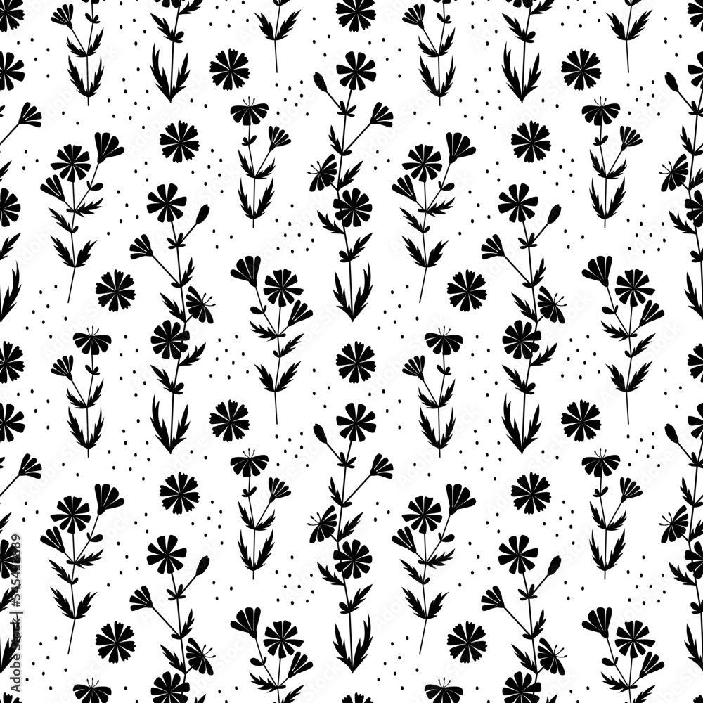 Chicory black pattern with dots. Spring botanical print. Floral seamless background. 