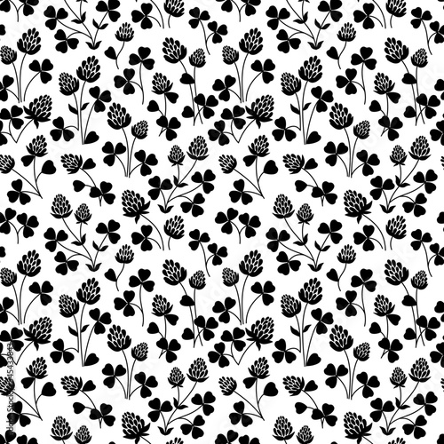 Monochrome clover seamless pattern. Wild meadow. Black-white floral design. Nature summer print.