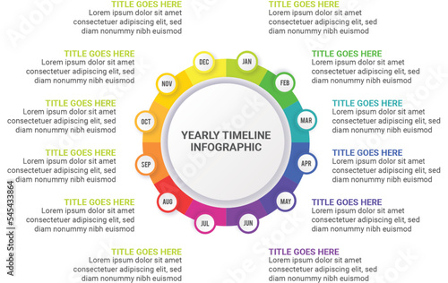 Yearly Business Timeline Circle Infographic Template Design with 12 Options Steps