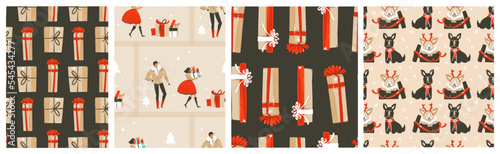Hand drawn vector abstract graphic Merry Christmas and Happy new year clipart illustrations seamless pattern set.Merry Christmas cute design concept background.Winter holiday traditional trendy art.