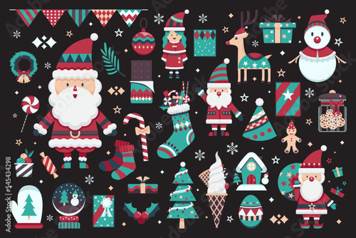 Vector set of cute Christmas icon collection design illustration on black background. Clipart collection asset with Santa Claus, Snowmen, Christmas trees. Xmas design vector set. Seamless Christmas