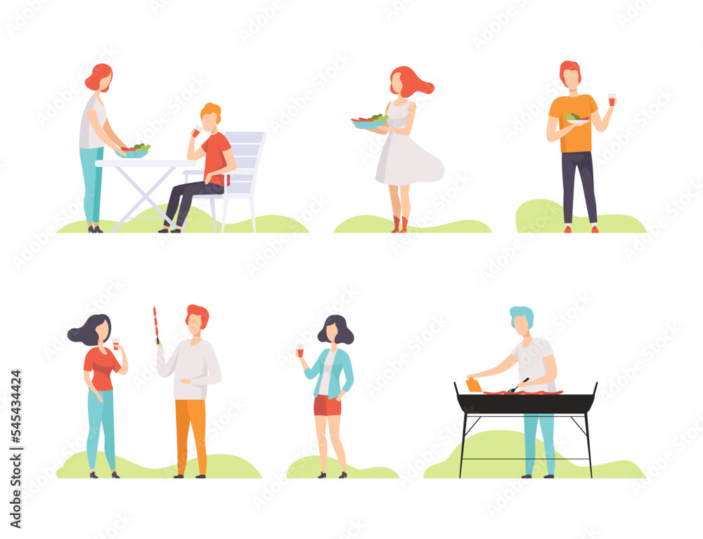 People Characters Having Barbecue in the Park Roasting Sausage on Grill Enjoying Leisure Activity Vector Illustration Set People Characters Having Barbecue in the Park Roasting Sausage on Grill Enjoying Leisure Activity Vector Illustration Set