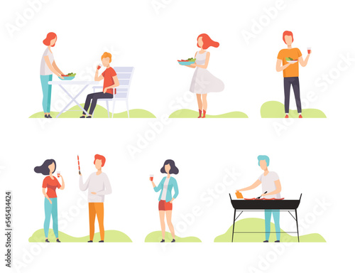 People Characters Having Barbecue in the Park Roasting Sausage on Grill Enjoying Leisure Activity Vector Illustration Set