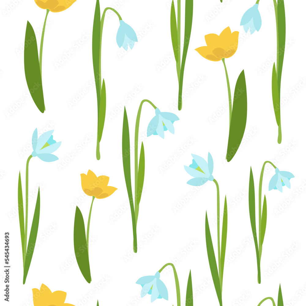 Spring blue flowers, yellow tulips and snowdrops. seamless pattern