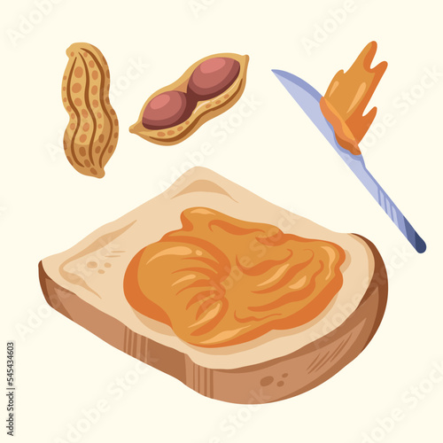 Bread with peanut butter on top, with whole and opened peanut and knife decoration. Peanut butter sandwich vector illustration with cartoon flat art style and color isolated on plain yellow background